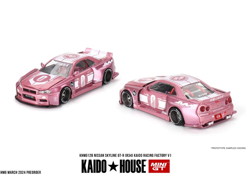 KAIDO HOUSE x Mini GT 1:64 Nissan GT-R R34 Pink KAIDO RACING FACTORY V1 KHMG128 Diecast Model