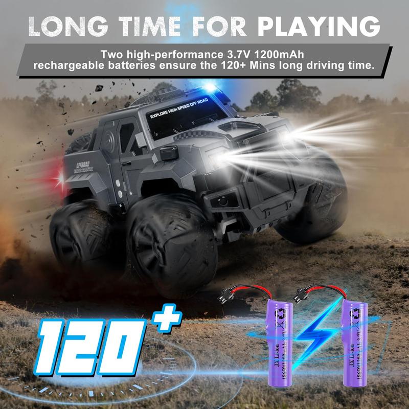 Monster Large RC Car, 1:14 RC Car with Spray and LED Lights, Good for 120 Minutes of Play Time, 2.4GHz Monster Truck with Spare Tire, All Terrain Off-Road Jeep, Cool Toy Gift