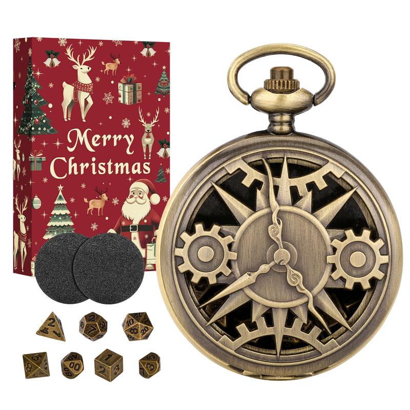 Bronze Steampunk Hollow Out Pocket Watch Shell Case with 7 Dice Set, Dungeons and Dragons Dice Toys with Gift Box, Role Playing Board Games Accessories