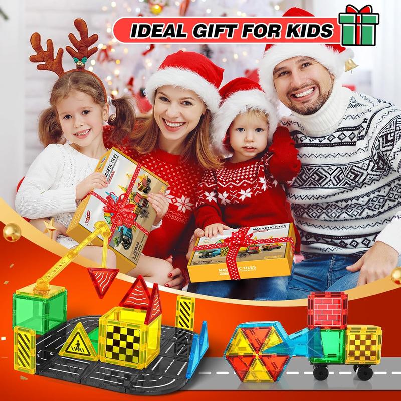 Christmas Magnetic Tiles Road Building Blocks - Magnet Crane Car Set for Kids Preschool City Construction Kids Games Dinosaur Toddler Toys for 3+ Year Old Boys Girls Christmas Birthday Gifts