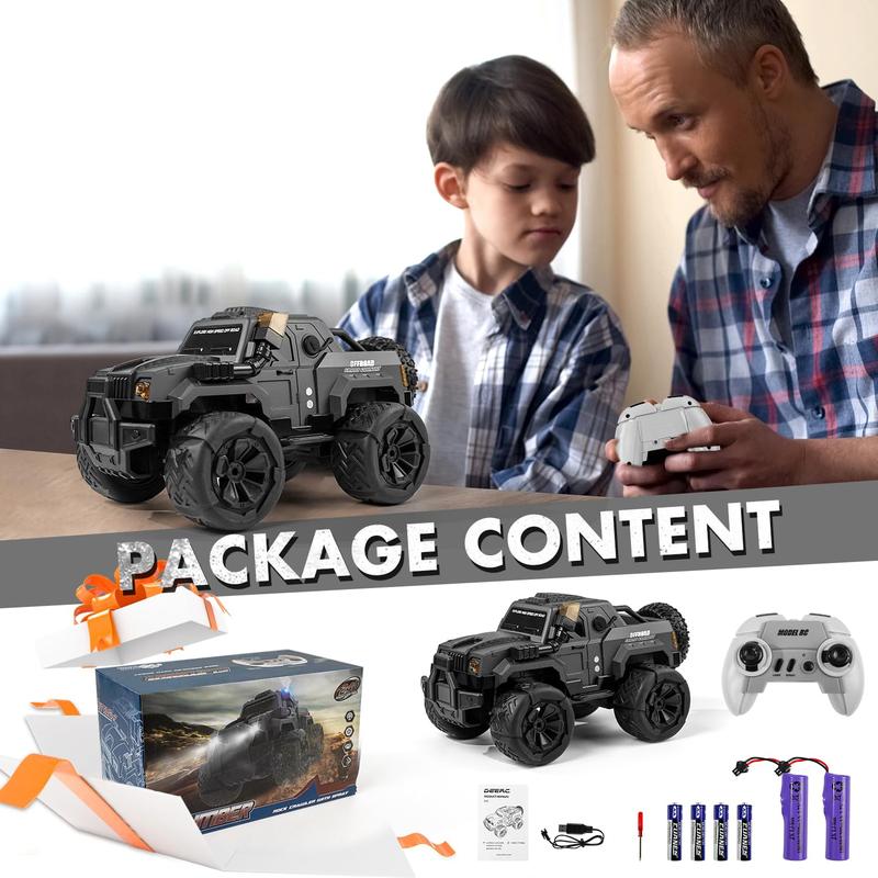 Monster Large RC Car, 1:14 RC Car with Spray and LED Lights, Good for 120 Minutes of Play Time, 2.4GHz Monster Truck with Spare Tire, All Terrain Off-Road Jeep, Cool Toy Gift