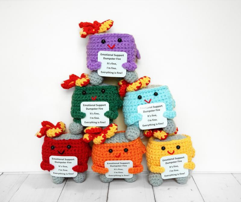 Emotional Support Crochet Dumpster Fire Amigurumi, Buring Fire, Funny Crochet Meme, I'm Fine, Holiday Gift, Crochet Transh Can, Chrismtas