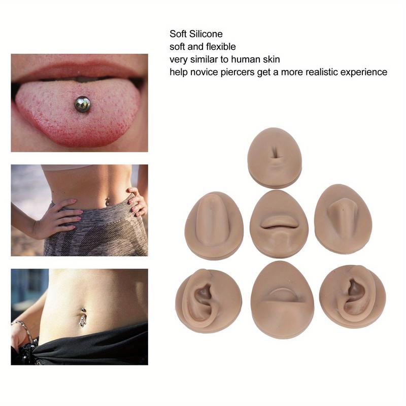 Human Body Piercing Practice Model - Silicone Ear, Eye, Nose, Mouth, Tongue, and Navel Model - Soft Silicone Flexible Model - Part Display Set for Beginners Acupuncture Teaching (Dark Skin Tone)