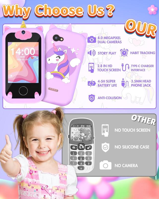 Christmas Gifts for Girls Age 6-8 Smart Phone Easter Christmas Stocking Stuffers for Kids Toy for Teenage 3 4 5 7 9 6 8 Year Old Birthday Gift Ideas with 8G SD Card (Purple)