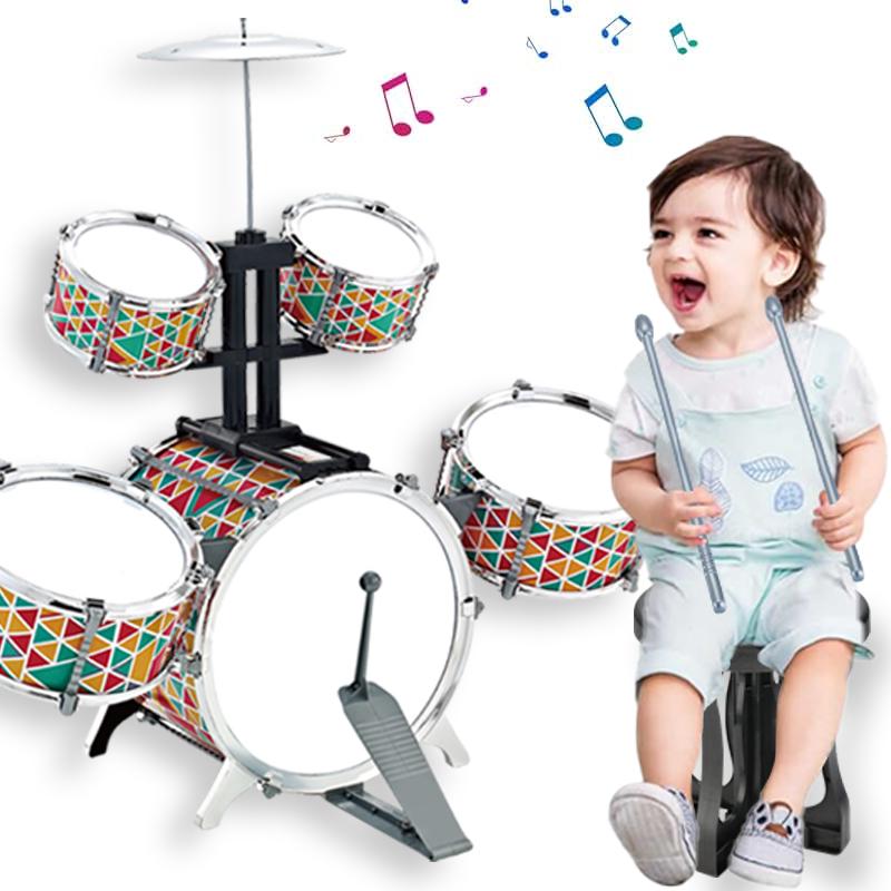 Children Kids JAZZ Drum Set with Stool Pedal for Toddler Toys - 5 Drums Musical Instruments for Early Education and Christmas Gift for Girls and Boys