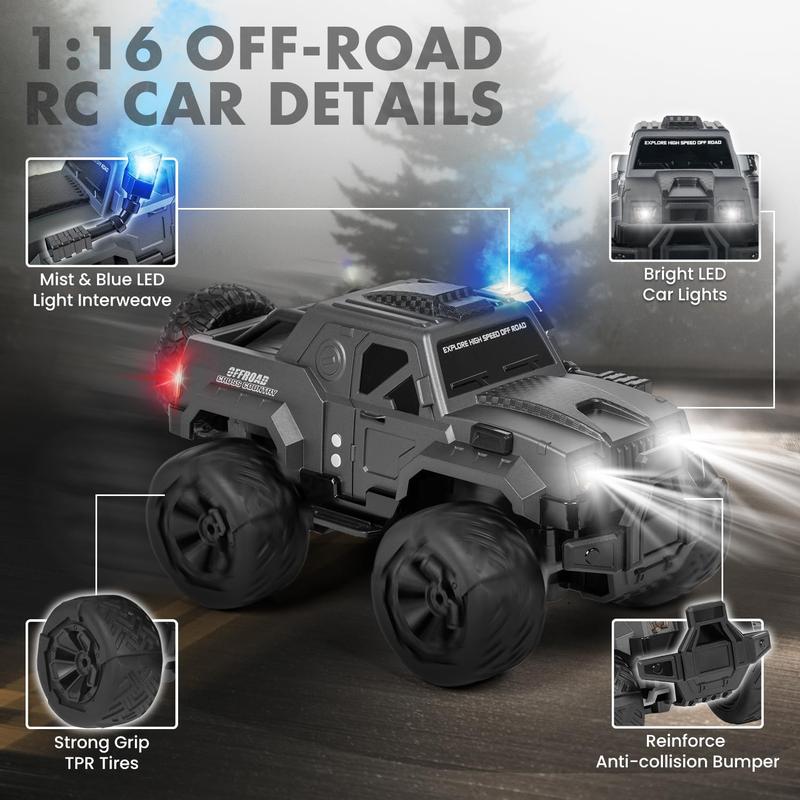 Monster Large RC Car, 1:14 RC Car with Spray and LED Lights, Good for 120 Minutes of Play Time, 2.4GHz Monster Truck with Spare Tire, All Terrain Off-Road Jeep, Cool Toy Gift