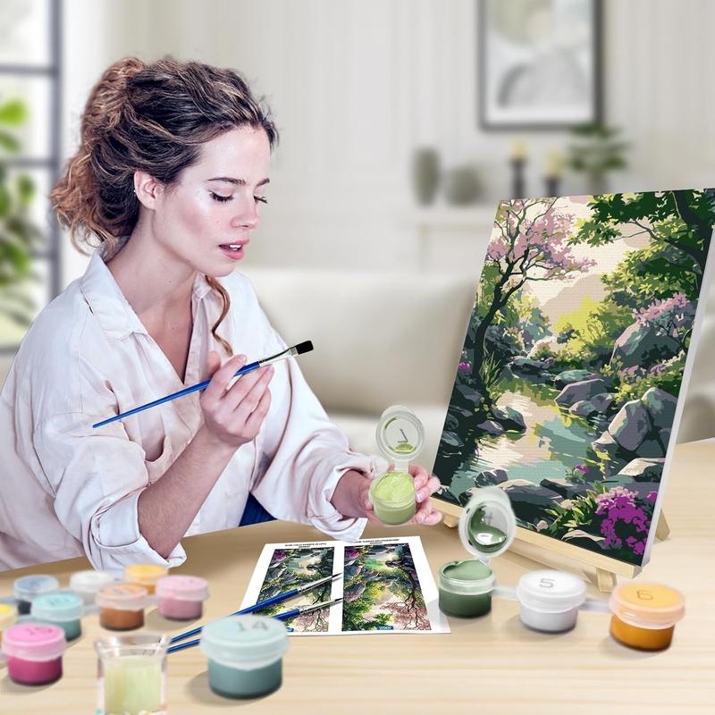 Paint by Numbers Kit for Adults with Frame, Landscape Paint by Number Canvas, Mountain Paint by Numbers with Easel, DIY Flowers Scenery Paint by Number Kits for Home Wall Decor 8 x 12 Inch