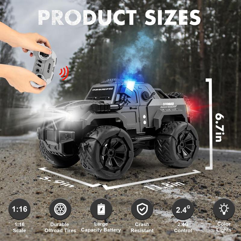 Monster Large RC Car, 1:14 RC Car with Spray and LED Lights, Good for 120 Minutes of Play Time, 2.4GHz Monster Truck with Spare Tire, All Terrain Off-Road Jeep, Cool Toy Gift