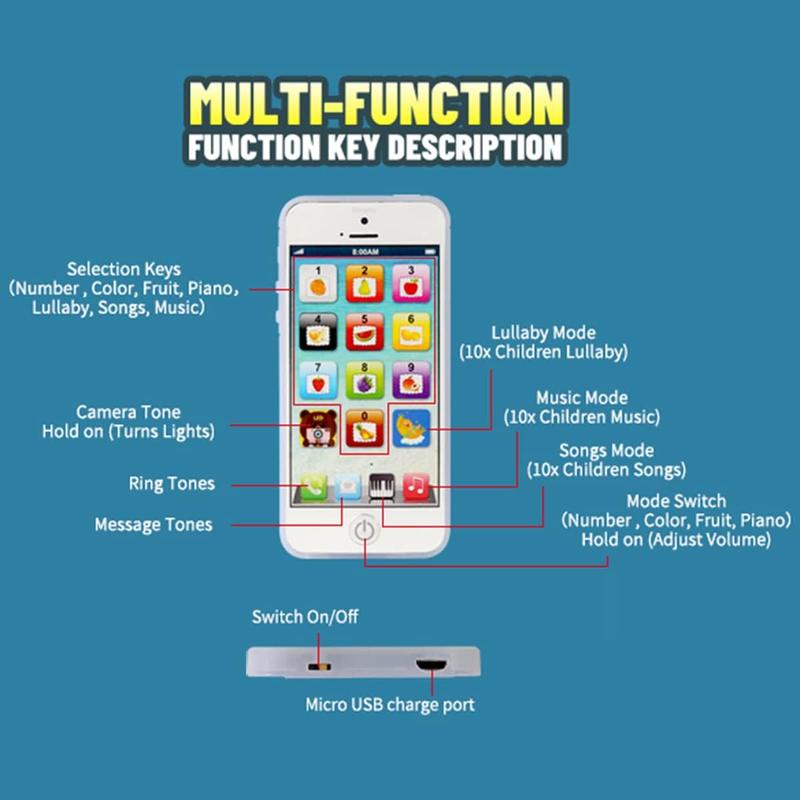 Cooplay White 1:1 Music Phone Toy Yphone Y-Phone Animal Play Rechargeable Cell Phone with Type-c Learning English Educational Mobile Study Prize for Baby Kids Children