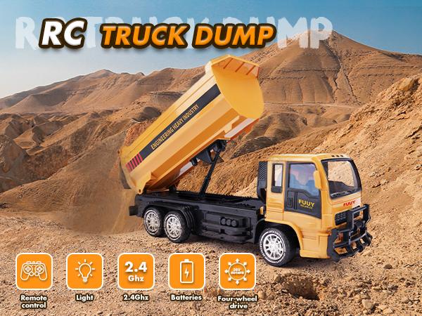 RC Dump Truck Toy for Kids - 2.4 GHz Remote Control, Dual Battery, 4WD, LED Headlights, 360° Rotation, Realistic Lift and Tilt,  Perfect Holiday and Birthday Gift