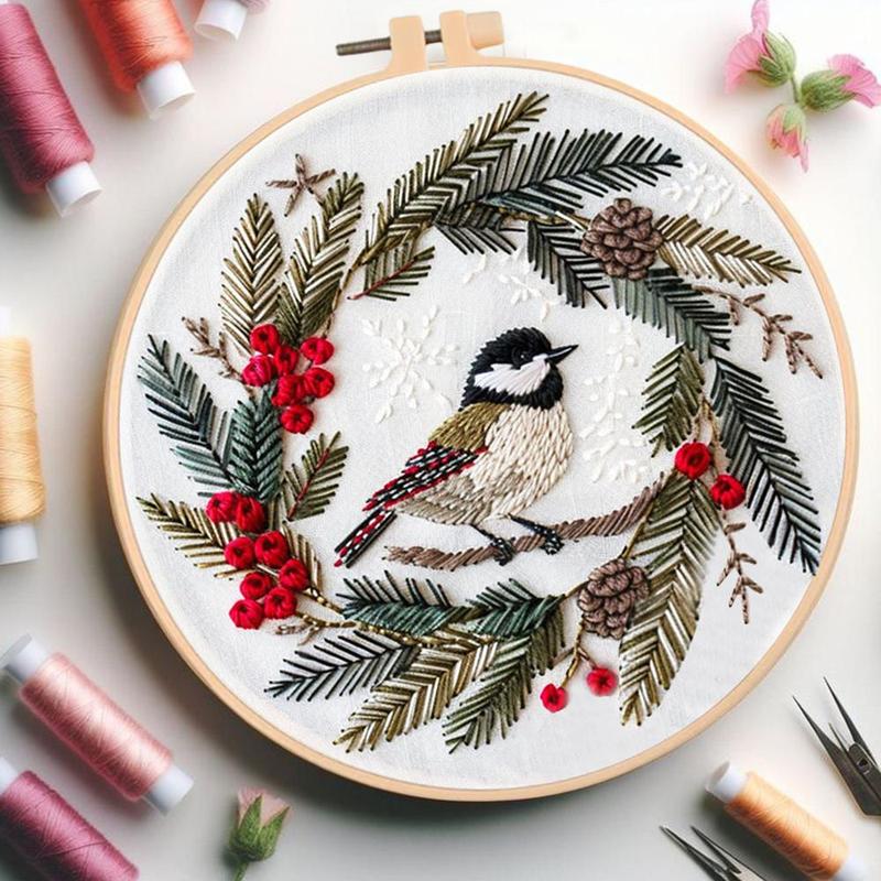 Bird & Wreath Pattern DIY Embroidery Kit, 1 Set Embroidery with Hoop Suture Practice Kit for Adults, Handmade Unfinished Products Gifts