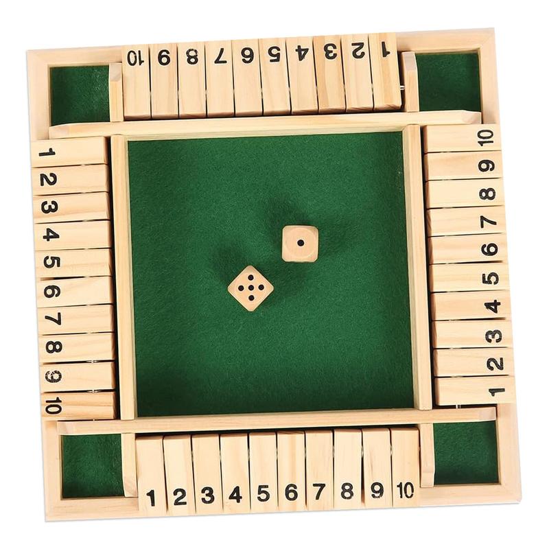 Wooden Shut The Box Game (2-4 Players) - Large 4 Sided Board, 2 Dice - Wooden Board Table Math Game Amusing Addition Game for Kids & Adults, 9 Inch