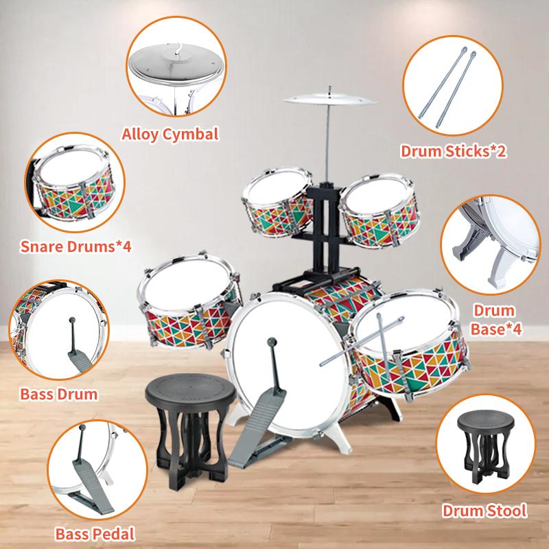 Children Kids JAZZ Drum Set with Stool Pedal for Toddler Toys - 5 Drums Musical Instruments for Early Education and Christmas Gift for Girls and Boys