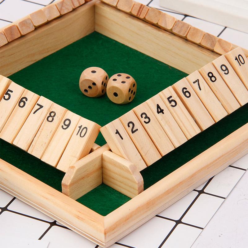 Wooden Shut The Box Game (2-4 Players) - Large 4 Sided Board, 2 Dice - Wooden Board Table Math Game Amusing Addition Game for Kids & Adults, 9 Inch