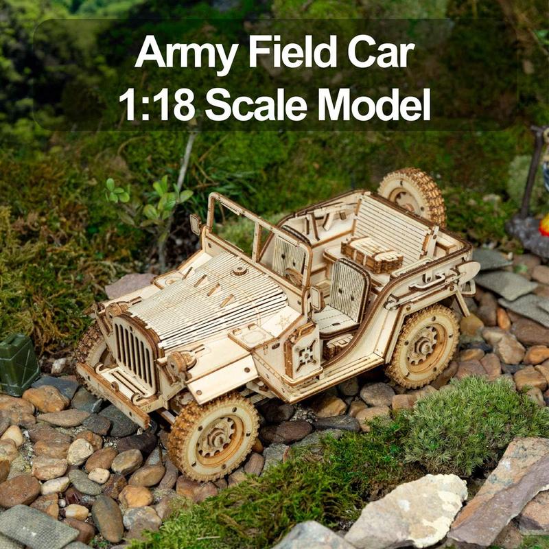 Robotime ROKR 3D Wooden Puzzle for Adults-Mechanical Car Model Kits-Brain Teaser Puzzles-Vehicle Building Kits-Unique Gift for Kids on Birthday Christmas Day(1:18 Scale)(MC701-Army Field Car) 3 d