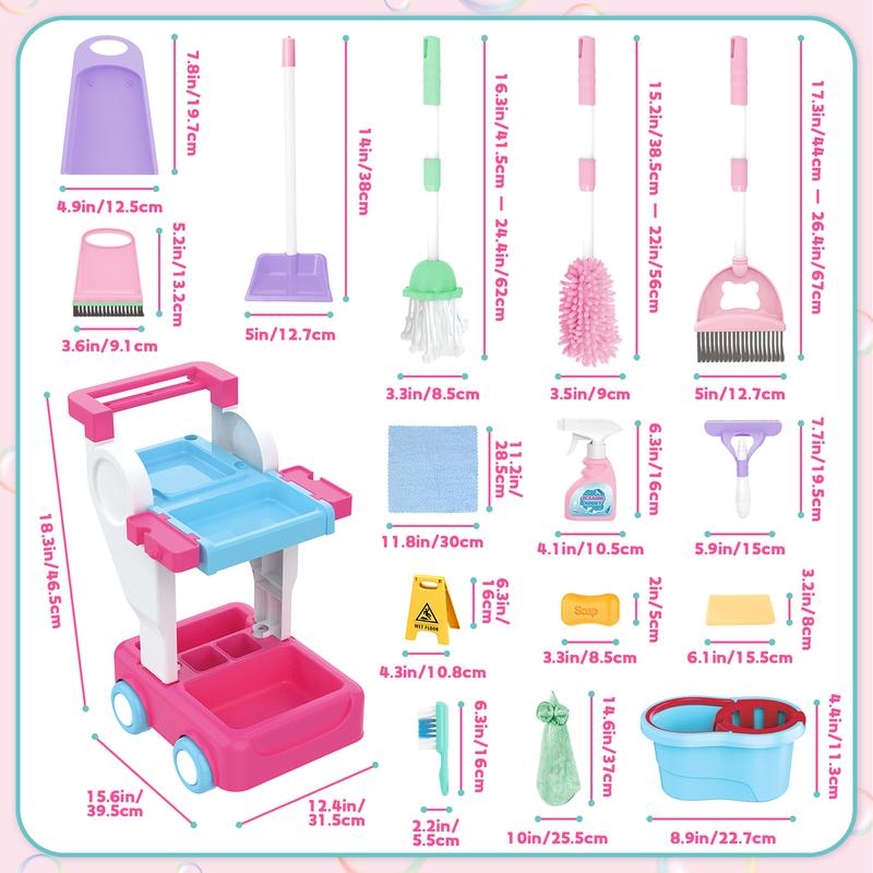 deAO Toy Cleaning Set – Play Housekeeping and Janitor Accessories Cart – Pretend Broom, Mop and Dustpan Christmas Gift Toys