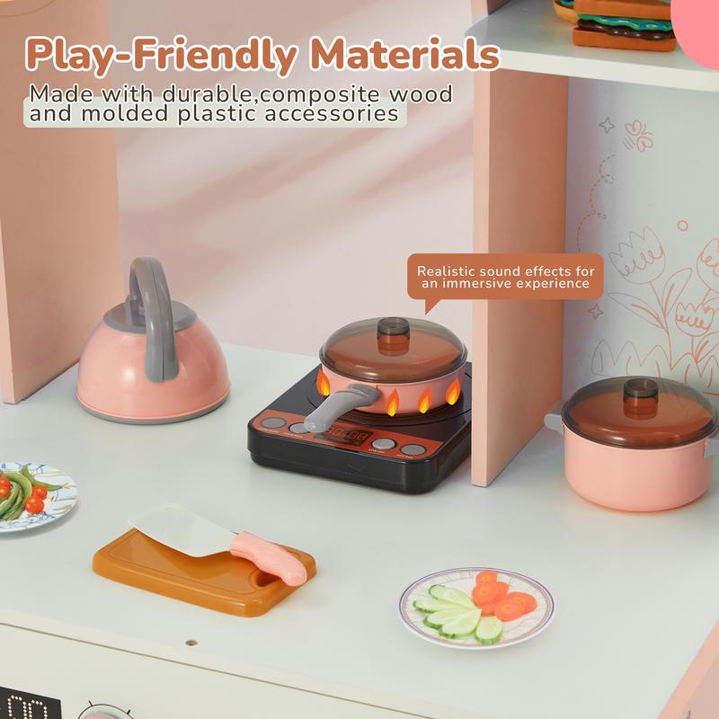 EROMMY Wooden Play Kitchen Set, Microwave, Coffee Machine, Toy Accessories, Pretend Play for Ages 3+, Gift Idea, Pink or Light Blue