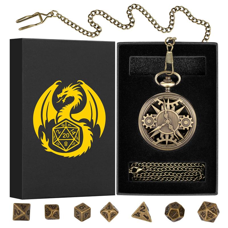 Bronze Steampunk Hollow Out Pocket Watch Shell Case with 7 Dice Set, Dungeons and Dragons Dice Toys with Gift Box, Role Playing Board Games Accessories