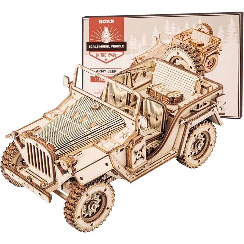 Robotime ROKR 3D Wooden Puzzle for Adults-Mechanical Car Model Kits-Brain Teaser Puzzles-Vehicle Building Kits-Unique Gift for Kids on Birthday Christmas Day(1:18 Scale)(MC701-Army Field Car) 3 d