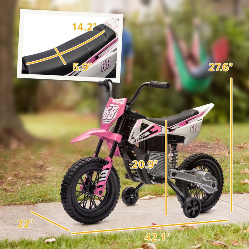 Kids Dirt Bike with Twist Grip Throttle, 12V Electric Motorcycle, Electric Bike for Toddler with Training Wheels, Rear Suspension & Music for Ages 3-6 Years, Pink