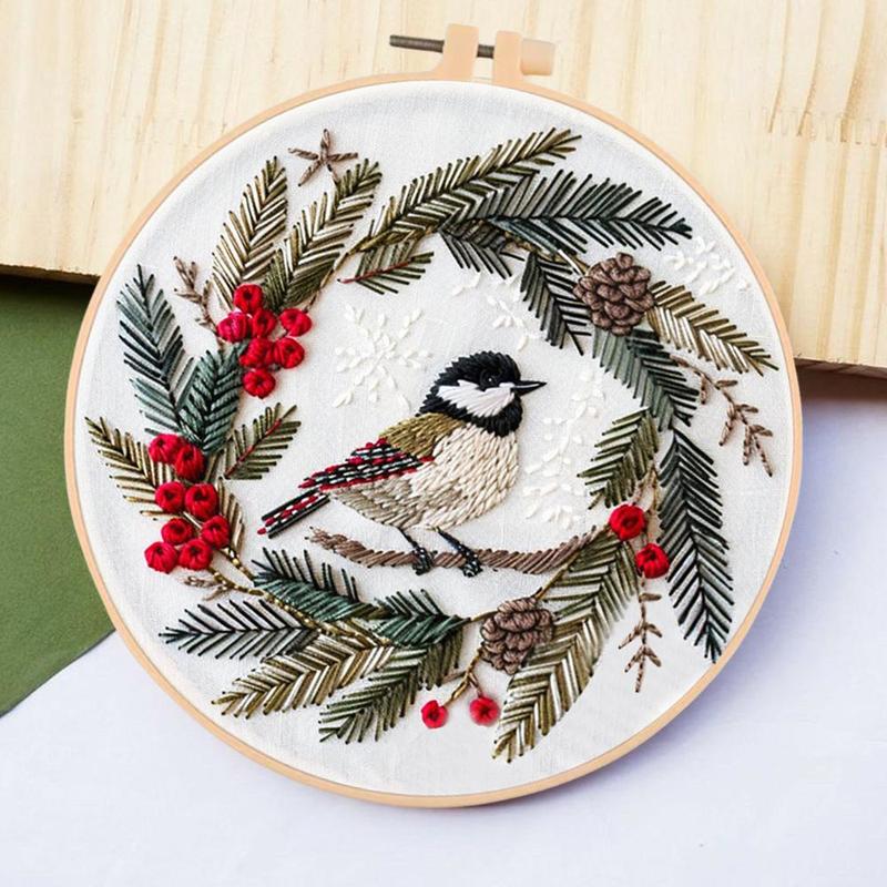 Bird & Wreath Pattern DIY Embroidery Kit, 1 Set Embroidery with Hoop Suture Practice Kit for Adults, Handmade Unfinished Products Gifts