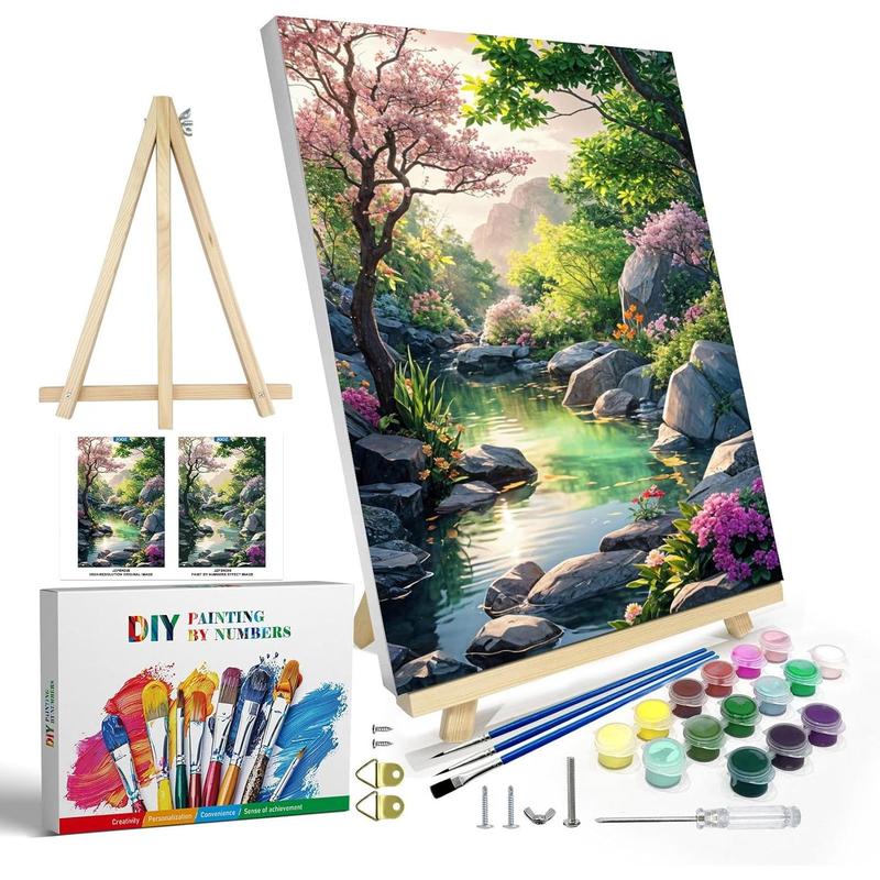 Paint by Numbers Kit for Adults with Frame, Landscape Paint by Number Canvas, Mountain Paint by Numbers with Easel, DIY Flowers Scenery Paint by Number Kits for Home Wall Decor 8 x 12 Inch