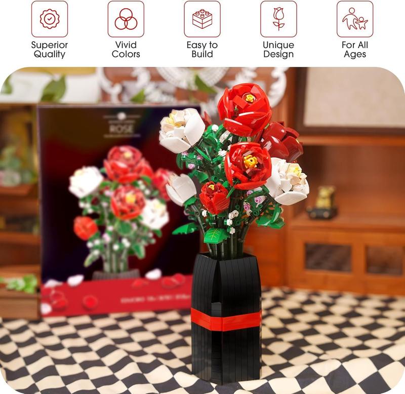 818 PCS Rose Artificial Flower Toy DIY Bouquet Set with Puzzle Vase, for Kids Women Girls, Valentine's Birthday Mother's Day Building Blocks kits