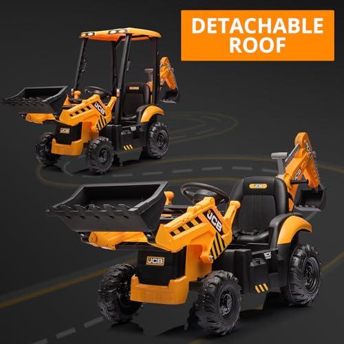 4 in 1 Ride on Excavator & Bulldozer, 12V Battery Powered Electric Vehicle with Remote Control, Front Loader, Digger, Horn, Adjustable Seat, EVA Tires, Removable Tent, Multiple Colors