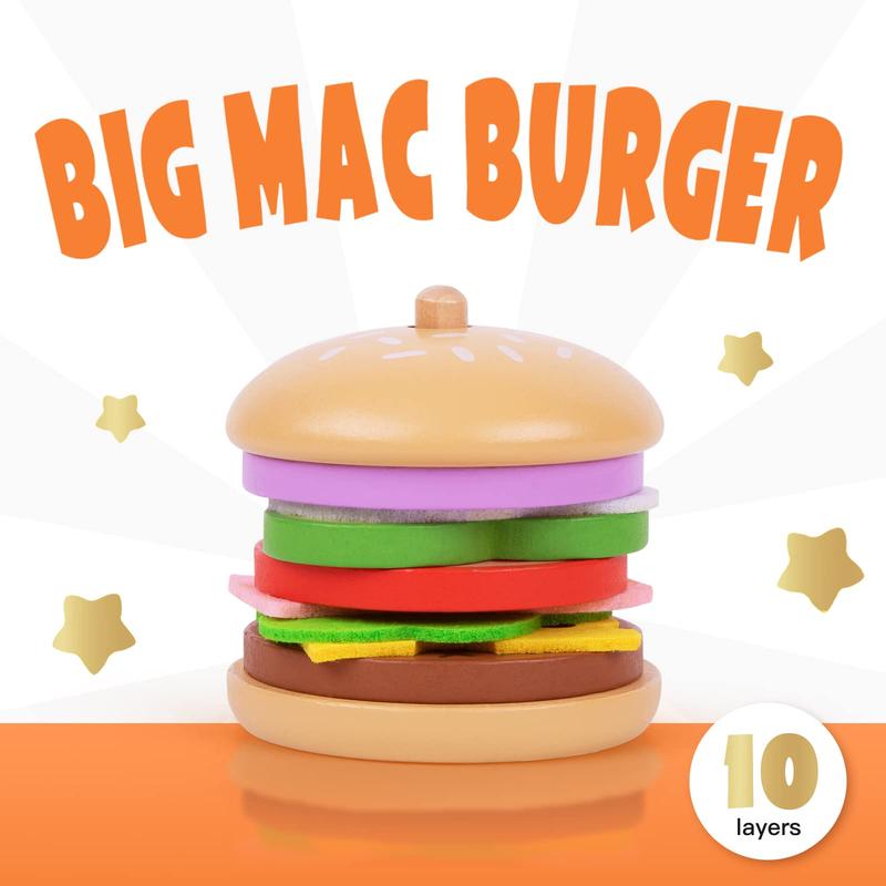 Montessori Hamburger Stacking Toys, Wooden Burger Toy Play Food Toys for Kids, Fine Motor Toys for , Fake Food Hamburger Toys with Order Cards