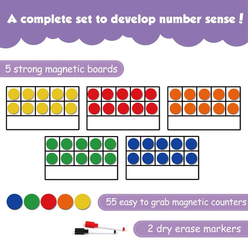 Magnetic Ten-Frame Set - Math Manipulative for Elementary - 5 Ten Frames & 55 Magnetic Math Counters, Math Games (Upgraded Version for Hand-held & 2 Black Pens) numberblocks toys