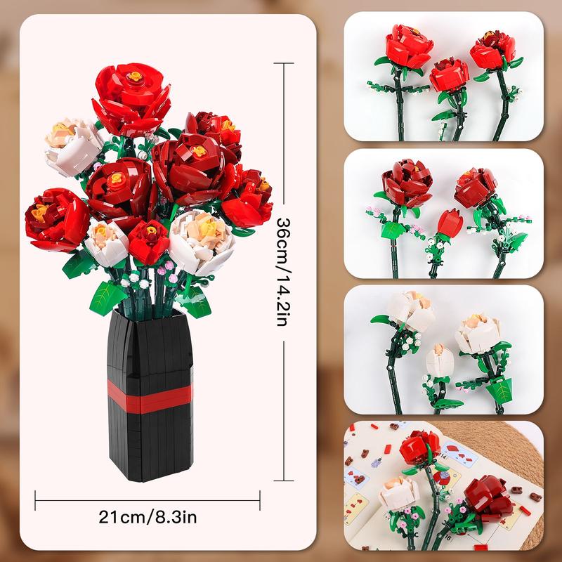 818 PCS Rose Artificial Flower Toy DIY Bouquet Set with Puzzle Vase, for Kids Women Girls, Valentine's Birthday Mother's Day Building Blocks kits