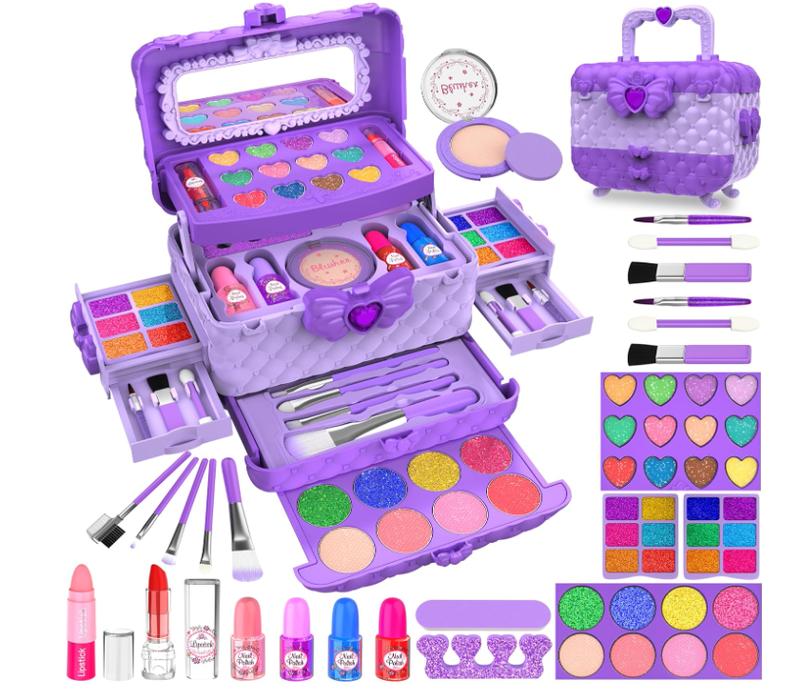 54 Pcs Kids Makeup Kit for Girls, Princess Real Washable Pretend Play Cosmetic Set Toys with Mirror, Non-Toxic & Safe