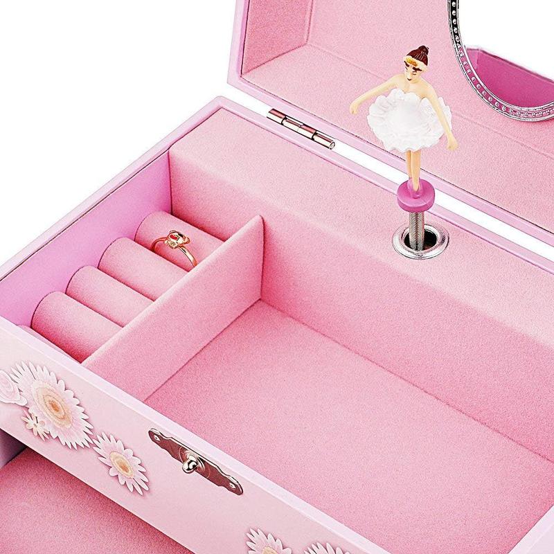 Musical  Box for Girls with Drawer and  Set with Ballerina Theme - Swan Lake Tune Pink