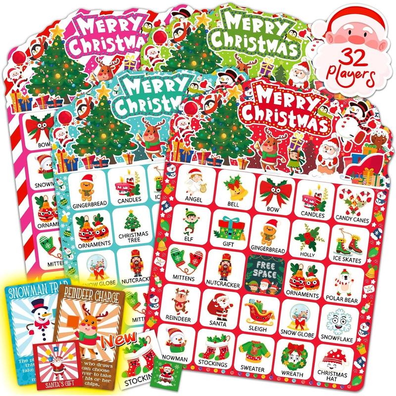 56 Sheets Christmas Bingo Game, 32 Players Christmas Bingo Cards for Adults Christmas Party Game for Family Large Group Winter Holiday Party Favor Bingo