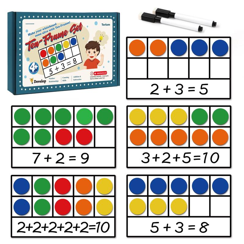 Magnetic Ten-Frame Set - Math Manipulative for Elementary - 5 Ten Frames & 55 Magnetic Math Counters, Math Games (Upgraded Version for Hand-held & 2 Black Pens) numberblocks toys