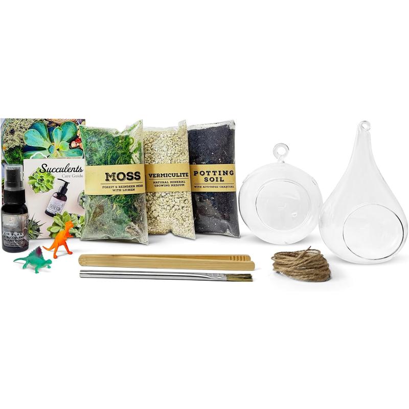 Terrarium Starter Kit | Moss, Vermiculite, Soil, Plant Food, Brush, Build and Care Guide | DIY Succulent Terrarium Kit for Adults and Kids