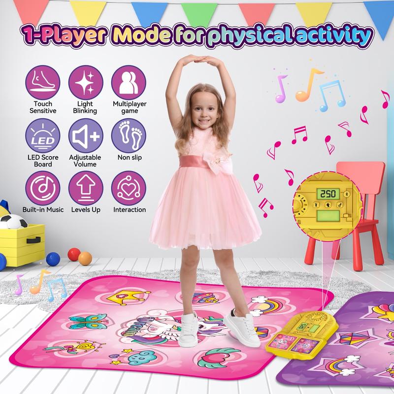 VATOS Dance Mat Toys for Girls - 4 Game Modes & 9 Challenge Levels with Adjustable Volume, Led Light & Wireless Bluetooth | Music Play Mat Birthday Gifts for Kids Ages 3 4 5 6 7 8 9+ Years Olds