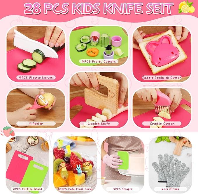 DISHIO Kids Kitchen Set, Montessori kitchen tools for real cooking, 28 Toddler kitchen knife sets, gloves, creasing knives, Montessori toys, perfect for 3 4 5 6 7 8 9 10 year old girl boy birthday gift montessori kid sensory kitchenset Child's Safe