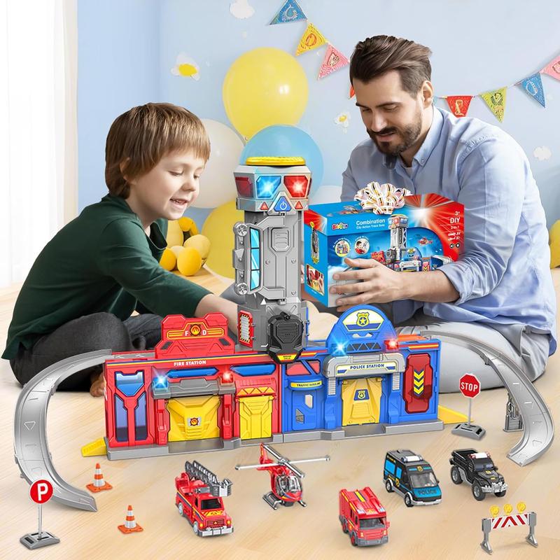 Kids Toys for 3 4 5 6 Years Old Boys, 29.5'' Large City Action Toddler Playset with Lights Sounds, Police & Fire Station Transform Track Toy with 4 Cars, Helicopter, Walkie-Talkie, Gifts for Boy Girl