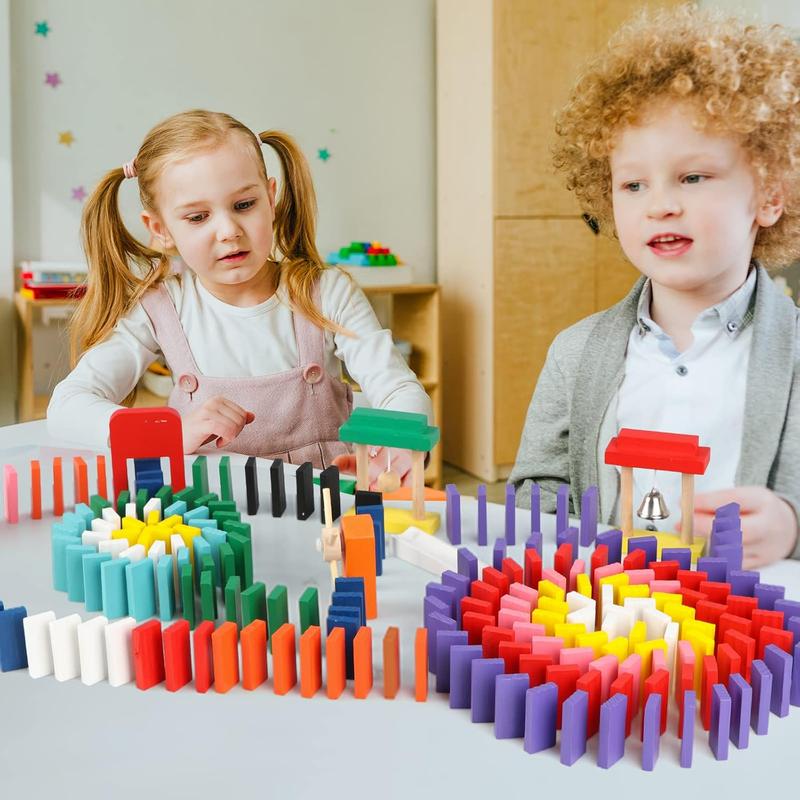 1000 count Bulk Dominoes Set for Kids with Extra 11 Blocks, Wooden Building Blocks 10 Colors Dominoes Racing Tile Games Educational Toy for Kids Birthday Party with Storage Bag