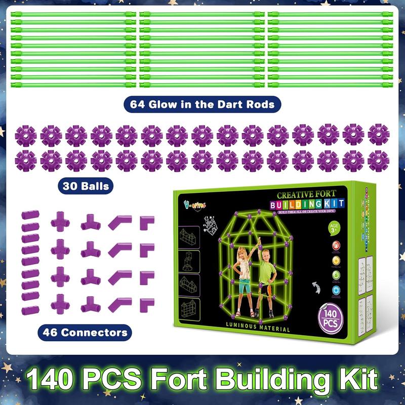 140 Pack Glow in The Dart Fort Building Kits for Kids Age 4, 5, 6, 7, 8+ Years Old, STEM Building Toys for DIY Castles, Tunnels, Ideal Christmas, Birthday Gifts for Boys & Girls