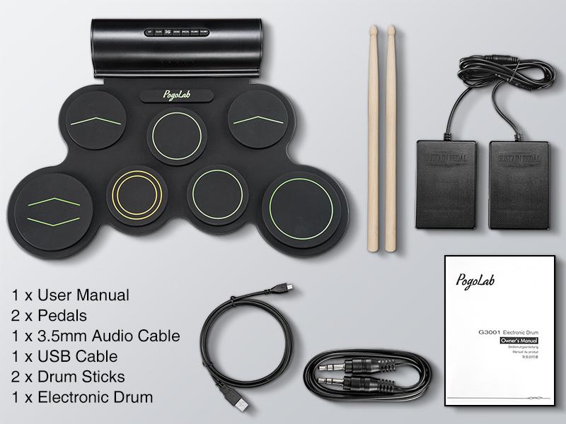 POGOLAB G3001 Electronic Drum Set, 7 Pads Roll Up Electric Drum Pad with Wireless Function, Portable Rechargeable Midi Drum Kit with Speaker Pedals Headphone Jack, Great Holiday Gift for Beginner