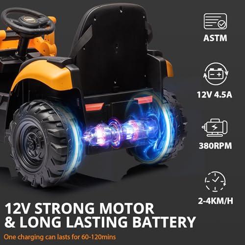 4 in 1 Ride on Excavator & Bulldozer, 12V Battery Powered Electric Vehicle with Remote Control, Front Loader, Digger, Horn, Adjustable Seat, EVA Tires, Removable Tent, Multiple Colors