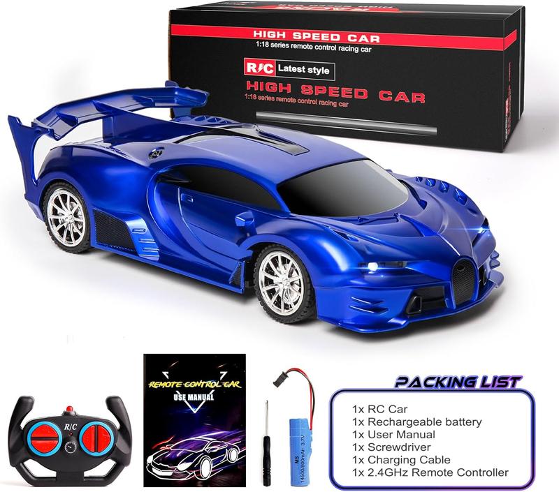 Remote Control Car 1 18 Rechargeable High Speed RC Cars Toys for Boys Girls Vehicle Racing Hobby with Headlight Xmas Birthday Gifts for Kids (Blue)