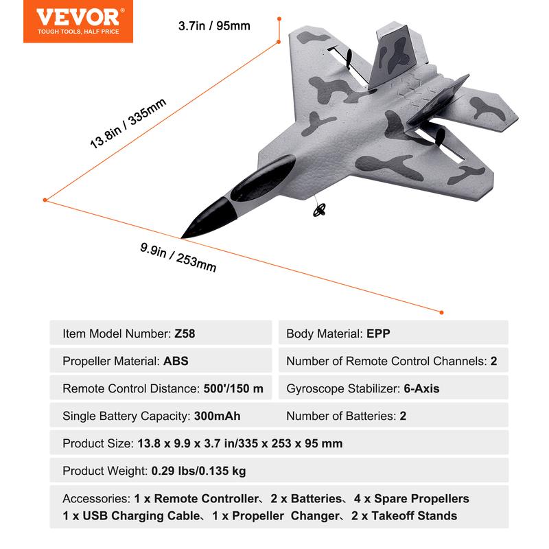 VEVOR RC Plane, 2.4GHZ 2 Channel Remote Control Airplane with 6-Axis Gyro Stabilizer, Ready to Fly Fighter Aircraft Plane Toy with 2 Batteries, Easy to Fly RC Glider for Adults Kids Beginners Boys