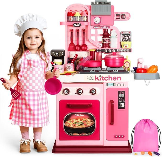 DISHIO Children's Kitchen Play Set, a 27.1-inch sound and Light play kitchen with a combination of cooking stove, play sink and pretend toy kitchen accessories, Toddler Kitchen Play Set is a great holiday companion for kids