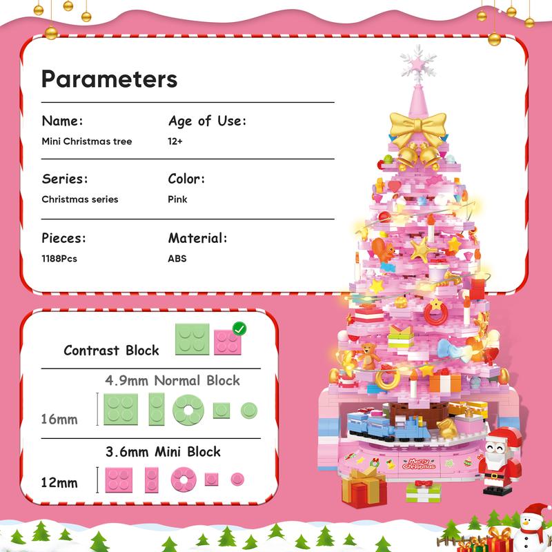 TOKMOC 2024 Rotatable Train Christmas Tree Building Block Set,Pink and Green,24 Days DIY Advent Calendar Surprise Christmas Countdown Mini Building Block Architecture,Christmas Gift and Home Decoration,For aged 12 and above,70001,1188 Pieces