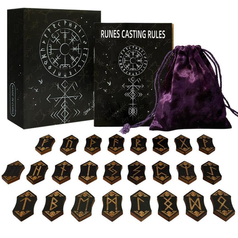 Wooden Runes Set, 25pcs set Wooden Runes Set with Instructions & Storage Bag, Divination Woodcut Meditation Altar Game Cards, Home Decoration