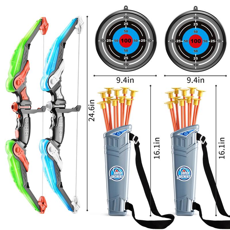 2 pack set archery bow arrow toy set outdoor hunting play with 2 bow 20 suction cup arrows 2 target & 2 quiver, LED light up function toy, outdoor toys,