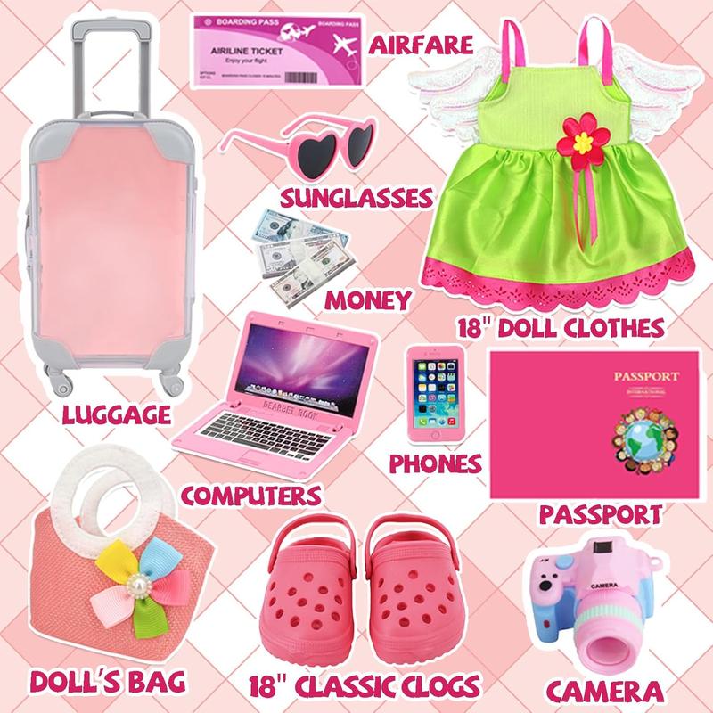 American 18 Inch Doll Clothes and Accessories-Include Dress with Wings, Suitcase Luggage, Sunglasses, Camera, Mobile Phone, Computer, Bag, Clogs Doll Travel Gear Play Set Fit 18 in Girl Doll (No Doll)